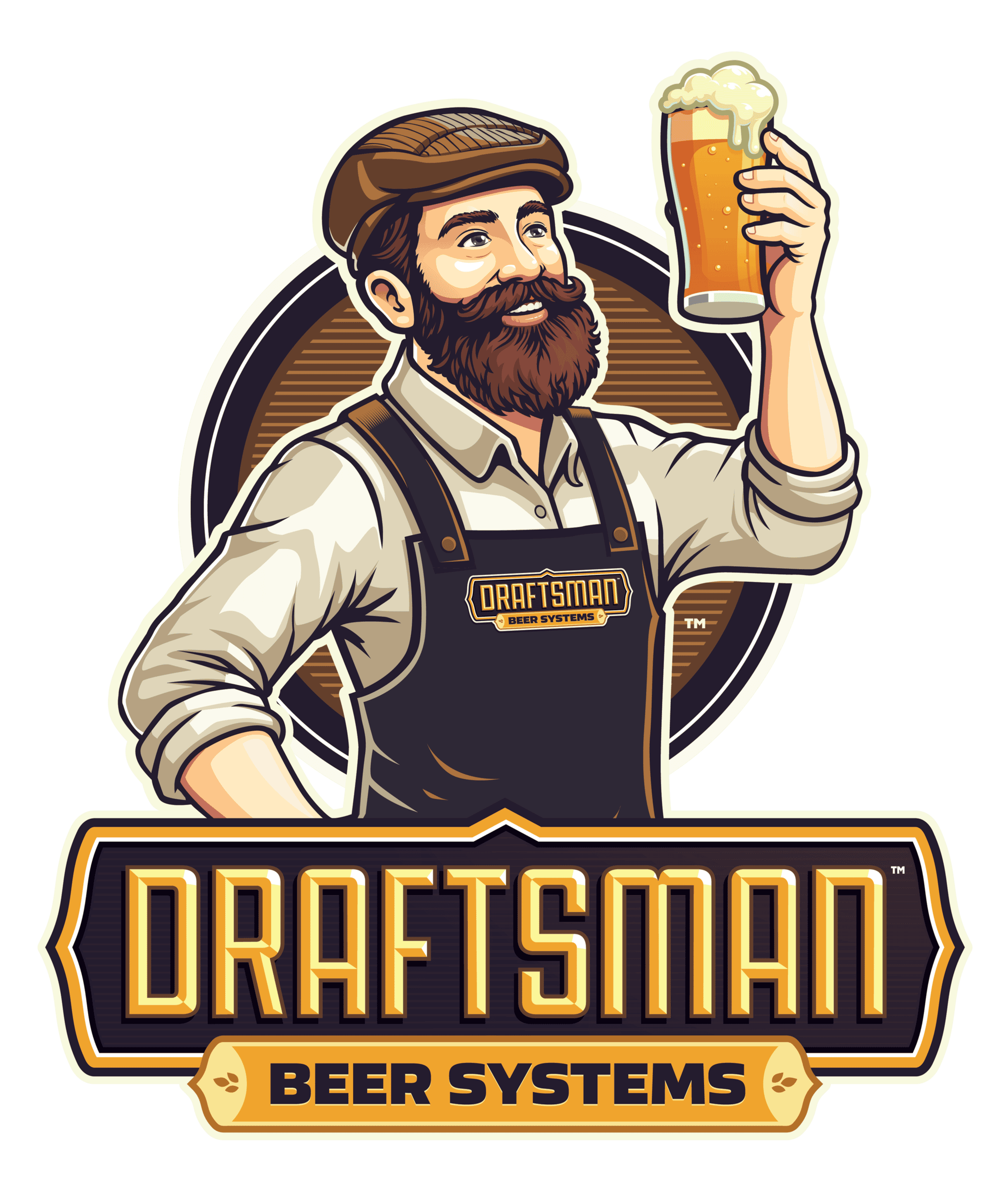 Illustration of a bearded man holding a beer glass for Draftsman Beer Systems.
